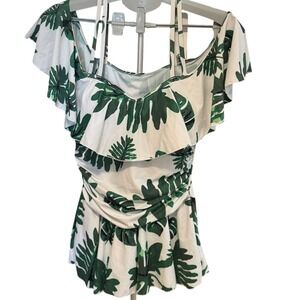 COCOPEAR Off-Shoulder Swimsuit Medium White Green Leaf Print Skirt One-Piece NWT